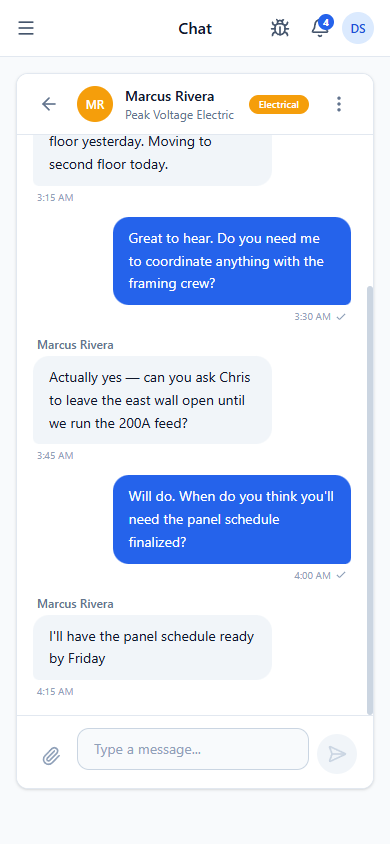 ContractorsChat conversation with electrician — coordinating panel schedule and framing handoff