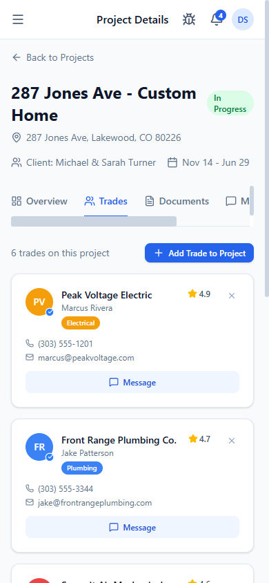 ContractorsChat project Trades tab — 6 trades assigned with ratings and Message buttons