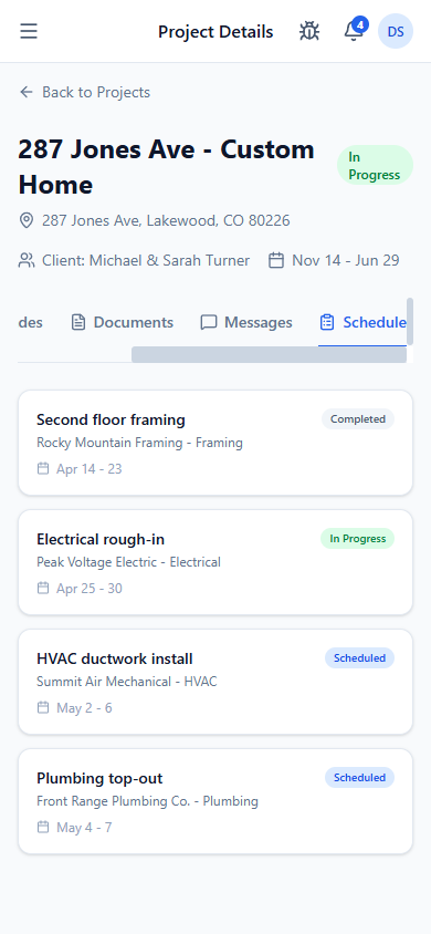 ContractorsChat project Schedule tab — framing completed, electrical in progress, HVAC and plumbing scheduled