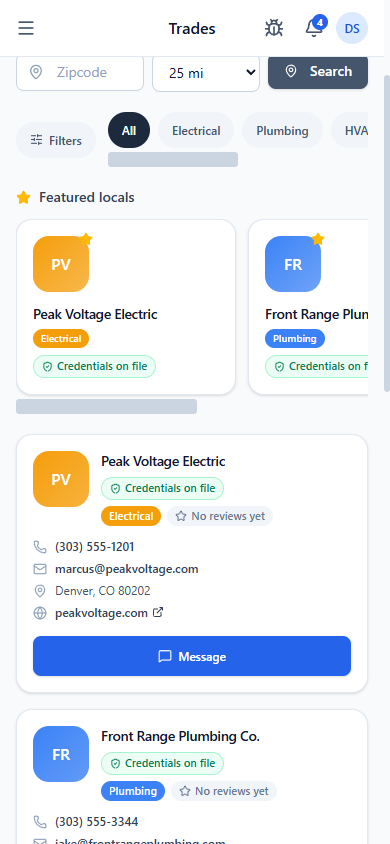 ContractorsChat Trade Directory screen — featured locals with credentials on file